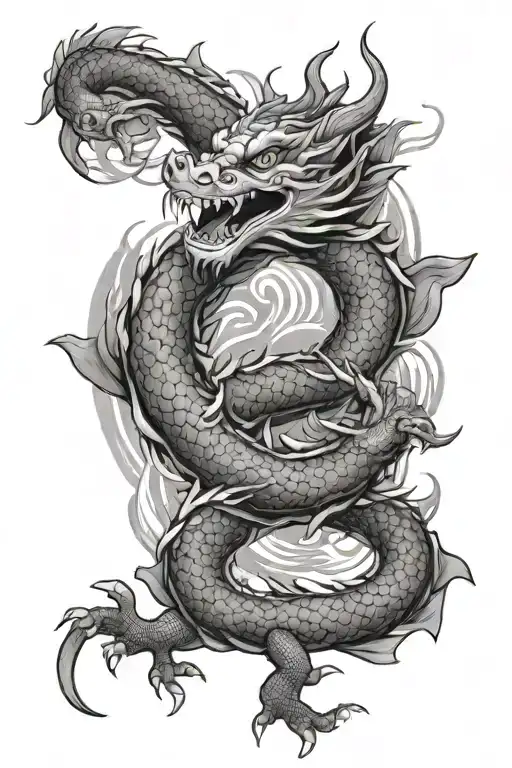 Asian Dragon Around Koi Fish Swimming Gracefully