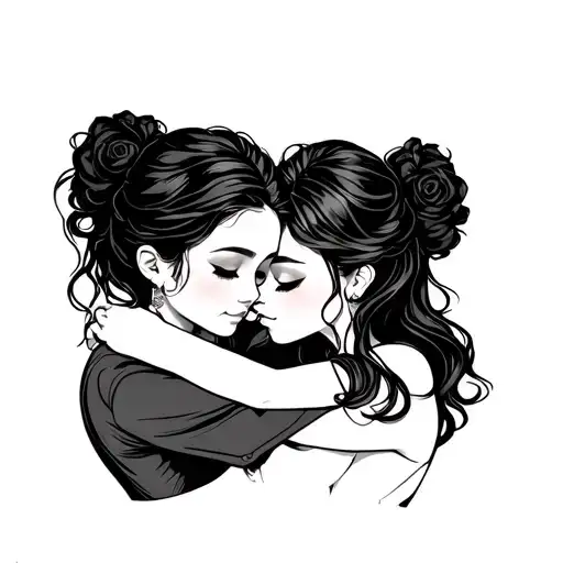 Line Art Of 2 Sisters Hugging Each Other