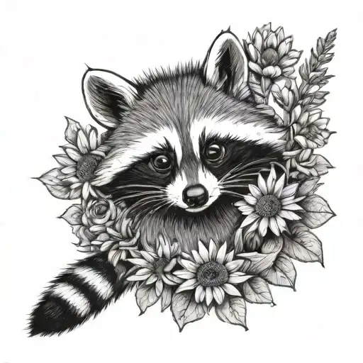 Standing Raccoon Holding Sunflower And Daisy Bouquet