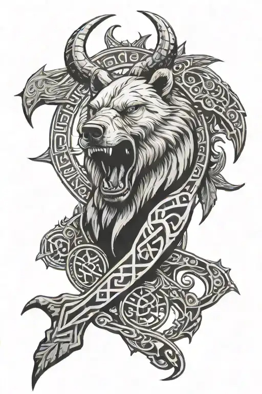 Viking Runes Upper Arm Sleeve Featuring Bear And Raven