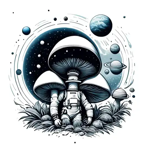 Mushroom And Astronaut And Solar Space System