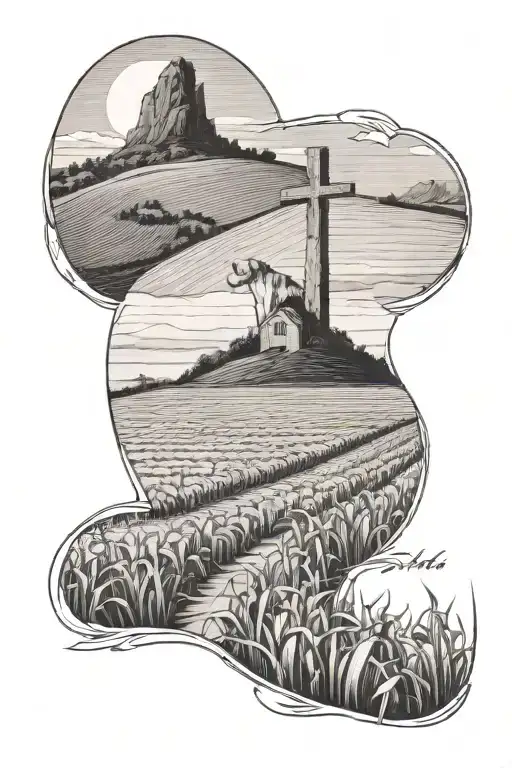 Corn Fields With Cross On A Hill And Dog Running Up The Hill