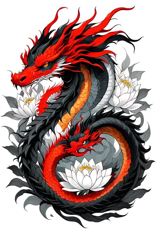 Two Dragons One Red And Black With Lotus Flowers
