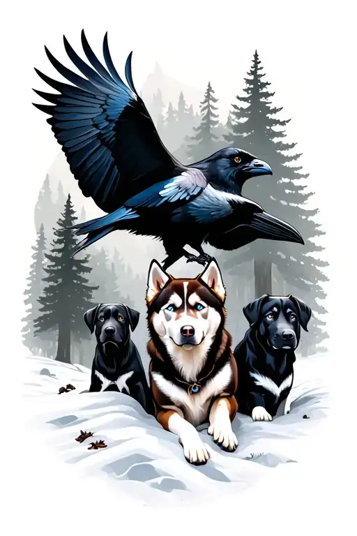 Forest Scene Featuring A Raven Over Looking 3 Black Labs And A Brown And White Husky With Blue Eyes
