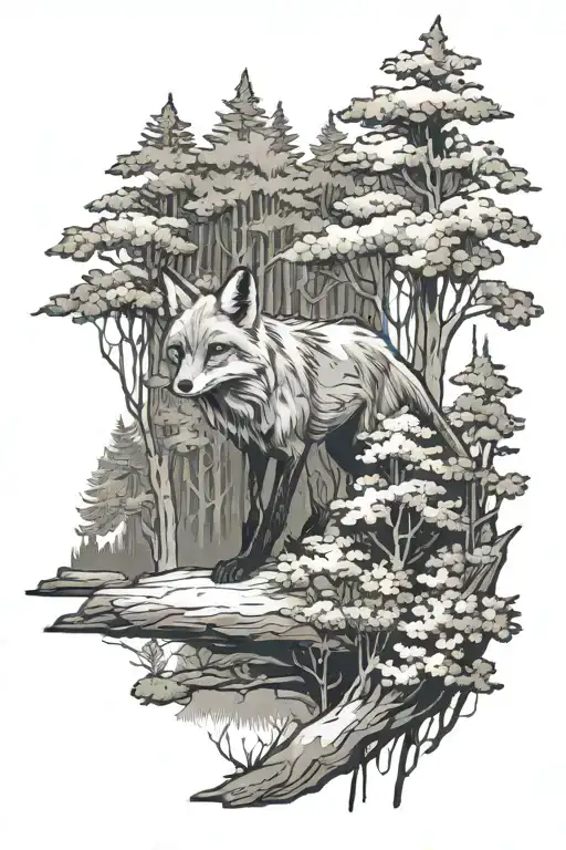 Fox Walking Through A Forest Trees Background Looking