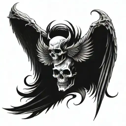 Good And Evil Angel And Devil In One Entity With Holo Gram Skull And Wings At Top Backbone