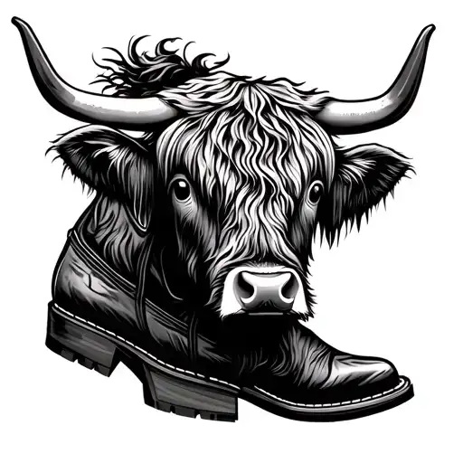 Highland Cow Head Sticking Out From Top Of Cowboy Boots