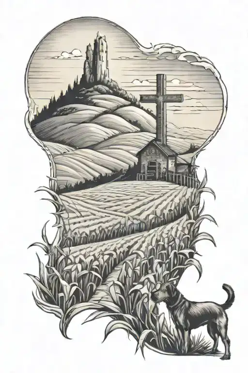 Corn Fields With Cross On A Hill And Dog Running Up The Hill