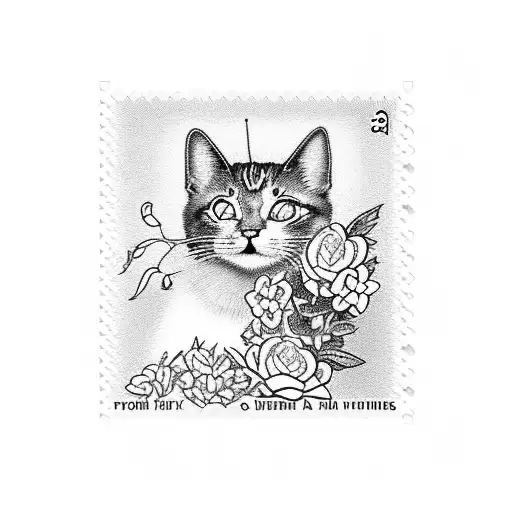 Postage Stamp With Playing Cat And Flowers