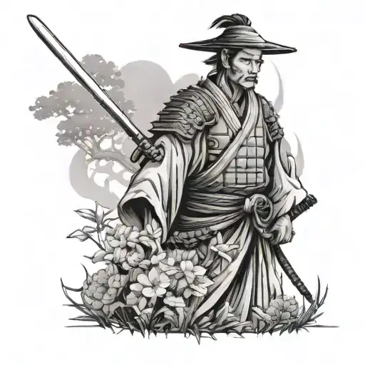 Lonely Samurai Standing In A Serene Garden With A Sword In Hand