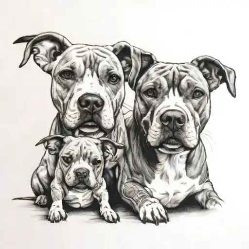 Small Two Pitbull Dogs On Either Side With A Girl In Between