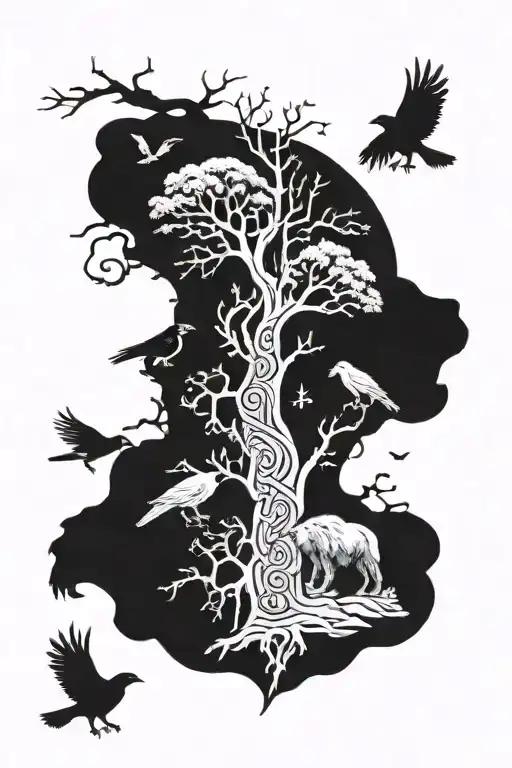 Viking Runes Upper Arm Sleeve Featuring Bear And Ravens And The Tree Of Life