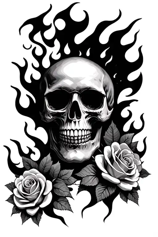 Half Of A Skull Face With Flames Background Black And White And Maybe Some Small Roses