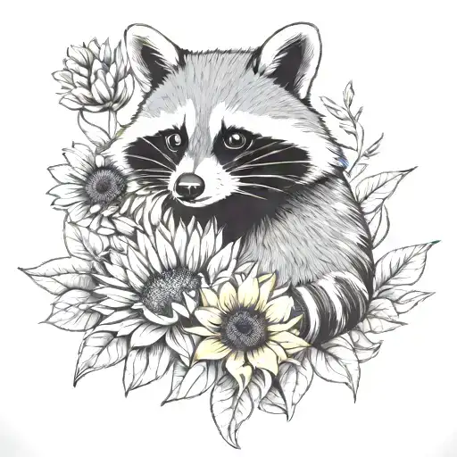 Full Body Raccoon Holding Sunflower And Daisy Bouquet