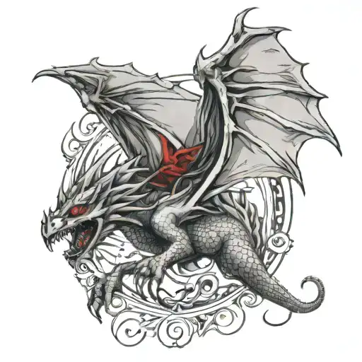 Hovering Dragon Holding Banner Wings Spread Ruby Eyes Facing Forward