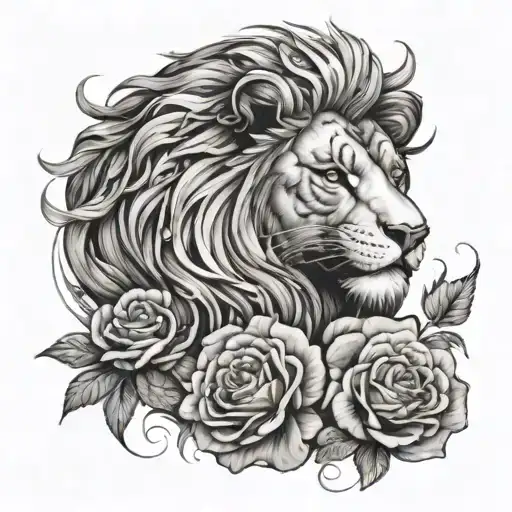 A Tattoo Design Of A Majestic Lion And Tiger Intertwined With Roses And Greek God Motifs