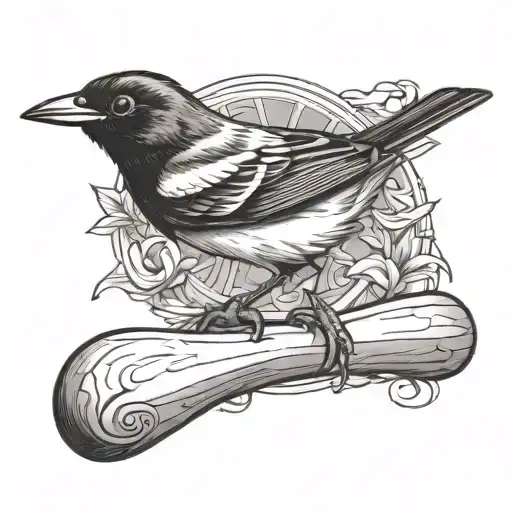 Baltimore Oriole With Baseball Bat In Feet