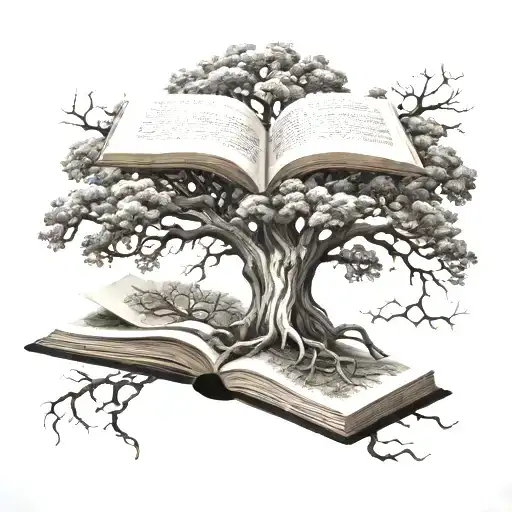 Realism Oak Tree Tattoo With Roots Coming From A Open Book