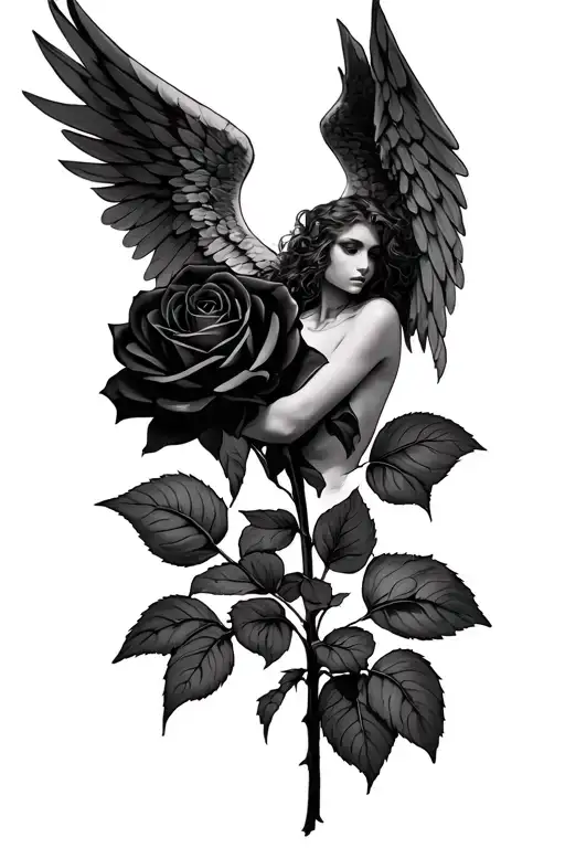 Fallen Angel Holding A Black Rose Intertwined