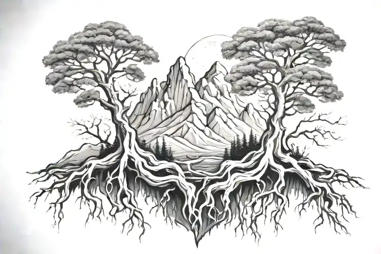Mountains And Tree Roots Extending