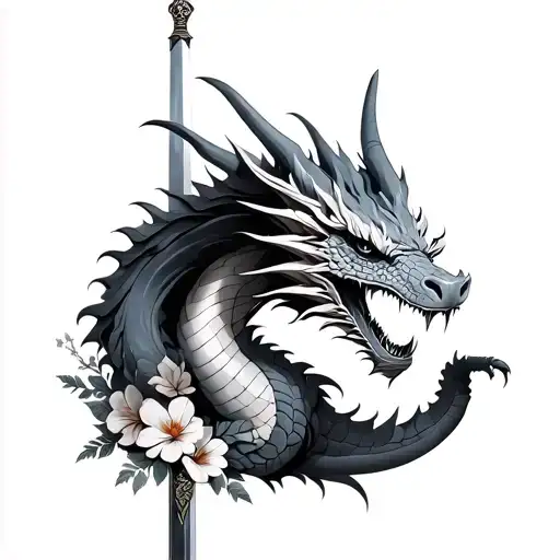 Realistic Whole Dragon With A Sword And Flowers