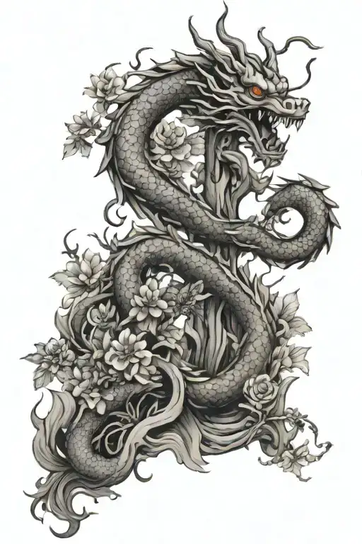 Christian Cross Chinese Dragon Mountain Overgrown Flowers