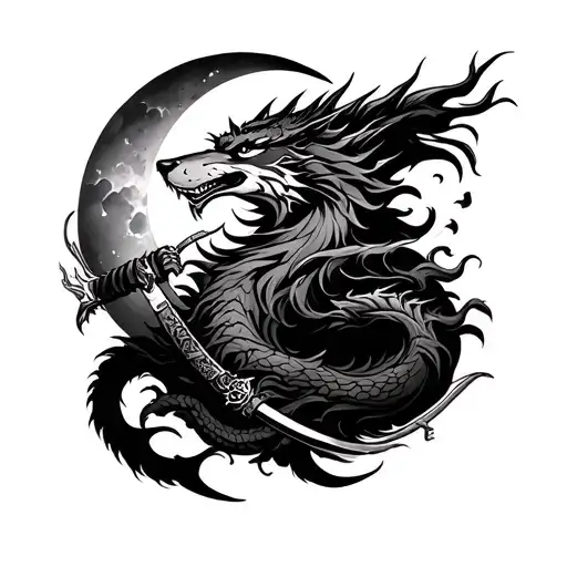 Katana Surrounded By A Wolf And Dragon And Moon