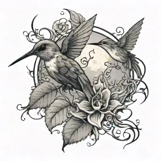 Full Moon With Vines Growing And A Hummingbird Hovering