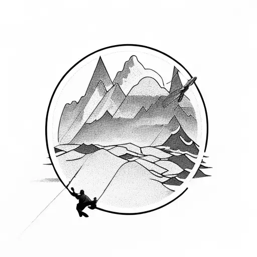 A Circle With A Man Flying Above Moutain Peaks At Sunset