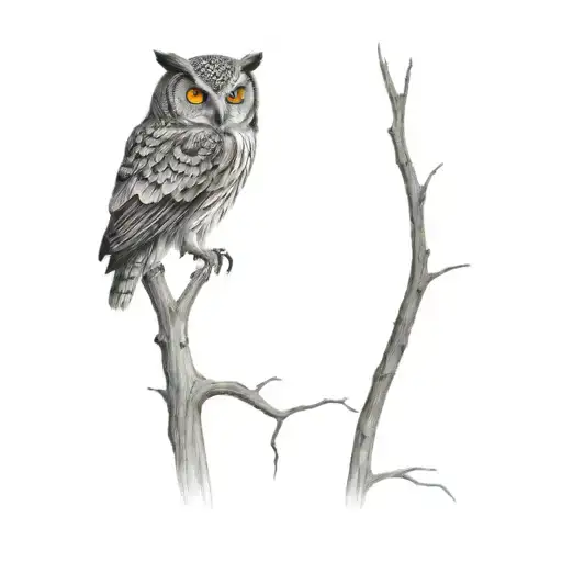 Owl Perched With Yellow Eyes Staring
