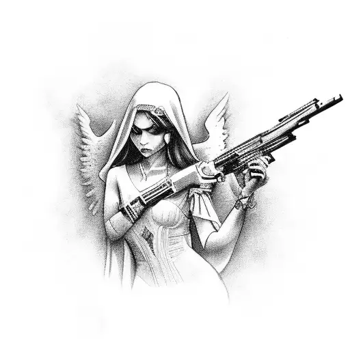 Elegant Angelic Figure Wielding A Gun In A Gothic Setting