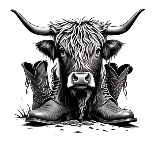 Highland Cow Head Emerging From Cowboy Boots