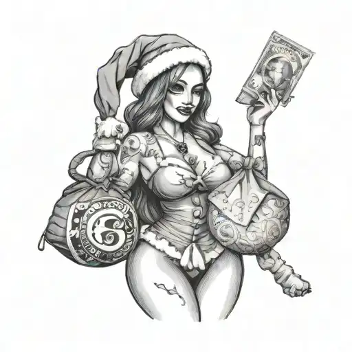 Women Santa With A Money Bag Girl Holding