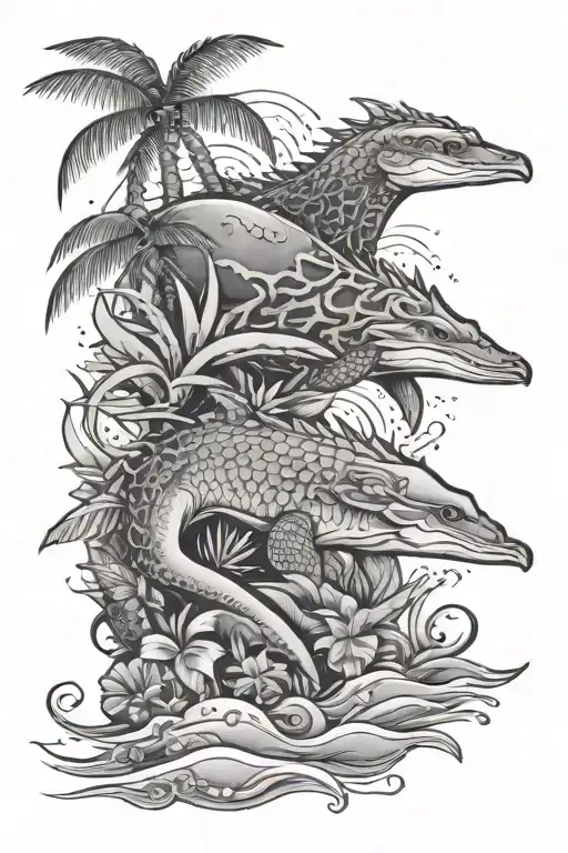 Beach Animal Themed Tattoo Design For Spine