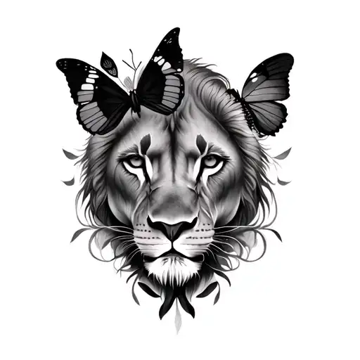 Lioness Face Surrounded By Butterflies And Lotus