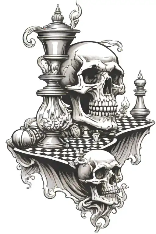 Skull With Candles Hour Glass And Chess Piece
