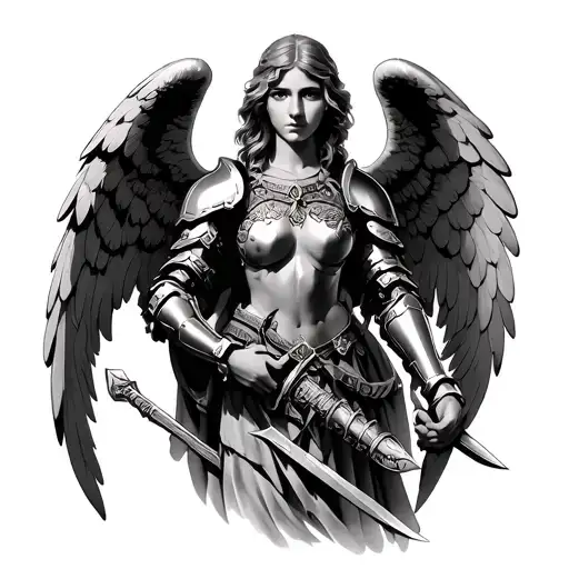 Guardian Angel With Armour And Weapons Tattoo Realistic
