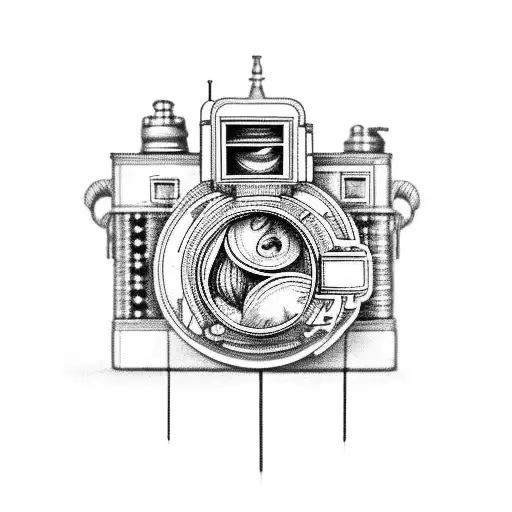 A Detailed Black And Grey Tattoo Of A Vintage Camera Surrounded By Intricate Foliage