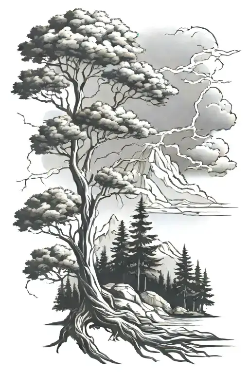 Trees With A Mountain And Lightning Storm