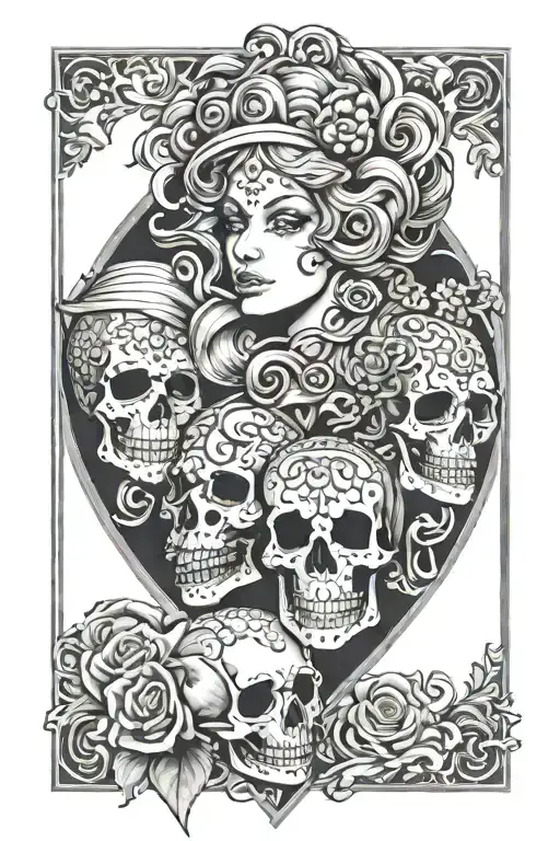 Medusa In A Queen Heart Card With Mexican Skulls Facing Each Other