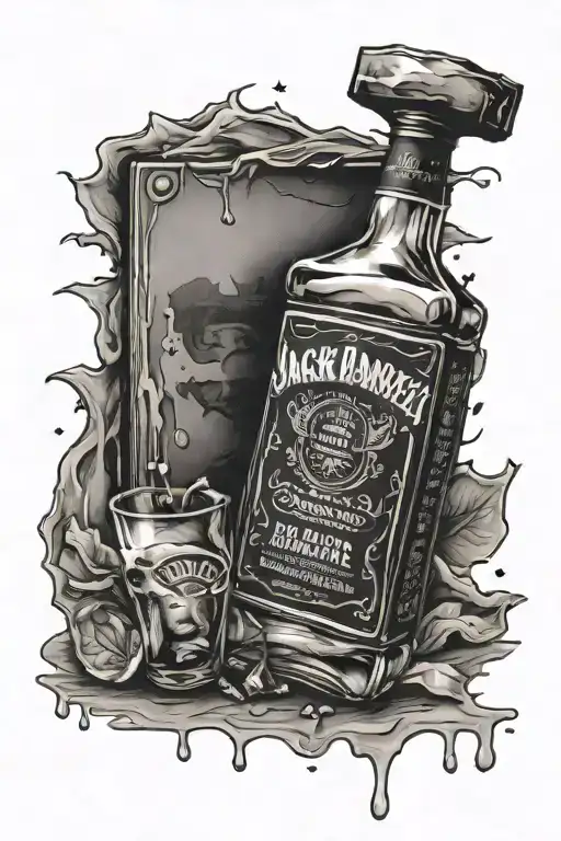 Broken Jack Daniel's Bottle With Shot Glass