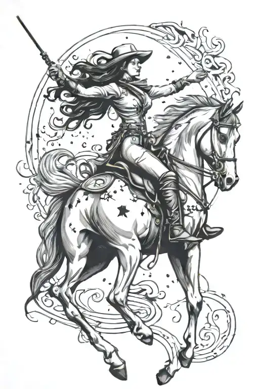 Capricorn Constellation Above Cowgirl On Horse Galloping