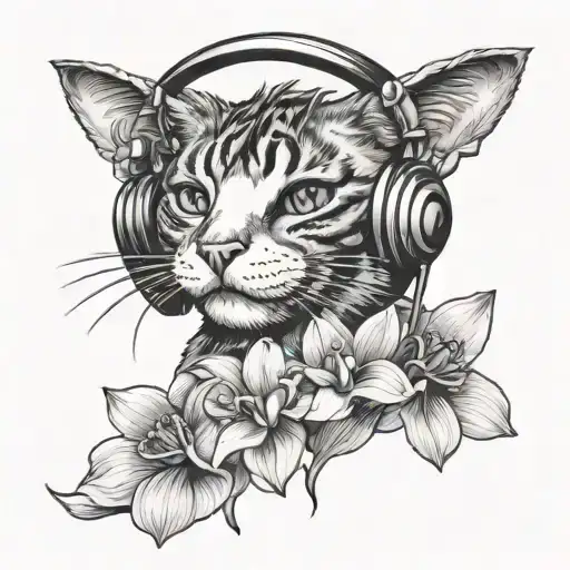 Cat Wearing Headphones And Orchids Intertwined