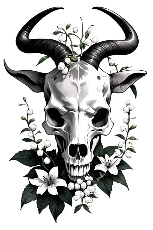 Taurus Skull With Lily Of The Valley And Hawthorn Flower