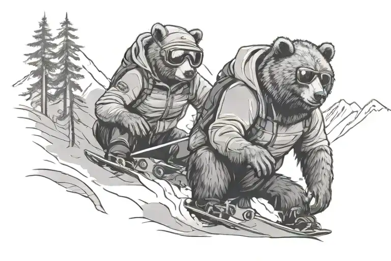 A Snowboarding Bear And His Cub On The Mountain Wearing Hoodies And Ski Goggles