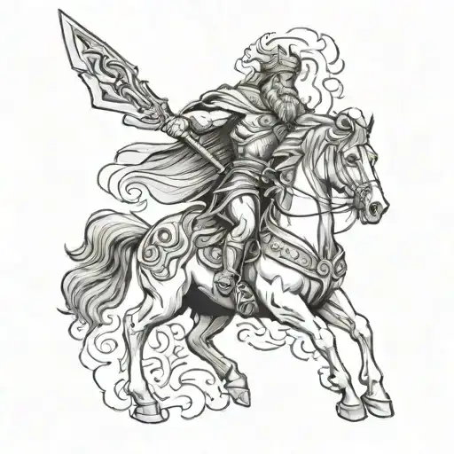 Zeus On Horse With Mask And Sword Asserting Dominance