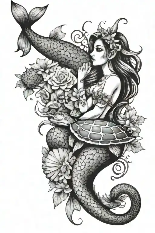Mermaid Spine Tattoo With Turtle And Seashells On Top And Bottom
