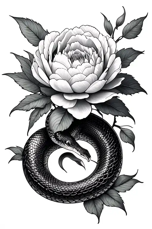 Peony Flowers And Big Snake Coiled