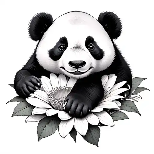 Realistic Panda Laying On A Loutas Flower