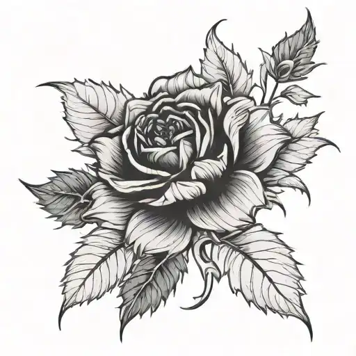 Rose Flower And Stem With Thorns Intertwined With A Black Dhalia Flower And Stem